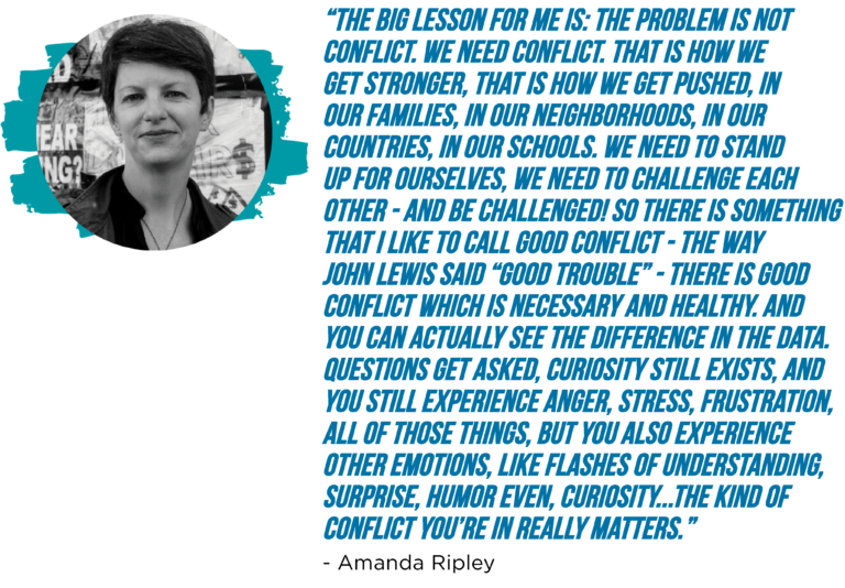 “The big lesson for me is: the problem is not conflict. We need conflict. That is how we get stronger, that is how we get pushed, in our families, in our neighborhoods, in our countries, in our schools. We need to stand up for ourselves, we need to challenge each other - and be challenged! So there is something that I like to call good conflict - the way John Lewis said “good trouble” - there is good conflict which is necessary and healthy. And you can actually see the difference in the data. Questions get asked, curiosity still exists, and you still experience anger, stress, frustration, all of those things, but you also experience other emotions, like flashes of understanding, surprise, humor even, curiosity...The kind of conflict you’re in really matters.” - Amanda Ripley